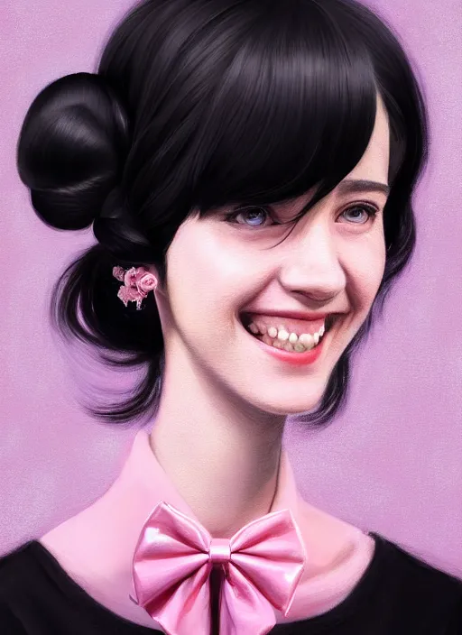 Image similar to portrait of high school girl, realistic, black hair, bangs, half updo hairstyle, pointy nose, skinny, smile, ugly, defined jawline, big chin, pink hair bow, earrings, intricate, elegant, glowing lights, highly detailed, digital painting, artstation, sharp focus, illustration, art by wlop, mars ravelo and greg rutkowski