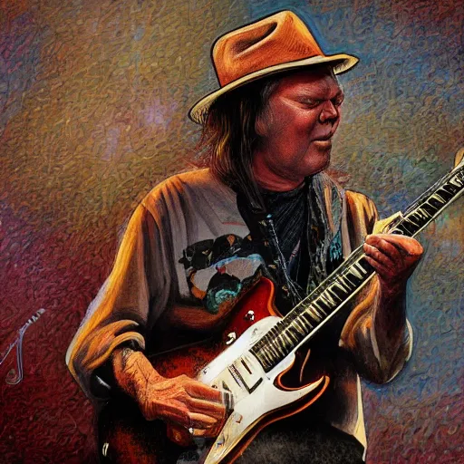 Image similar to neil young shredding during a live performance, happy, smile, digital art, highly detailed, trending on art station