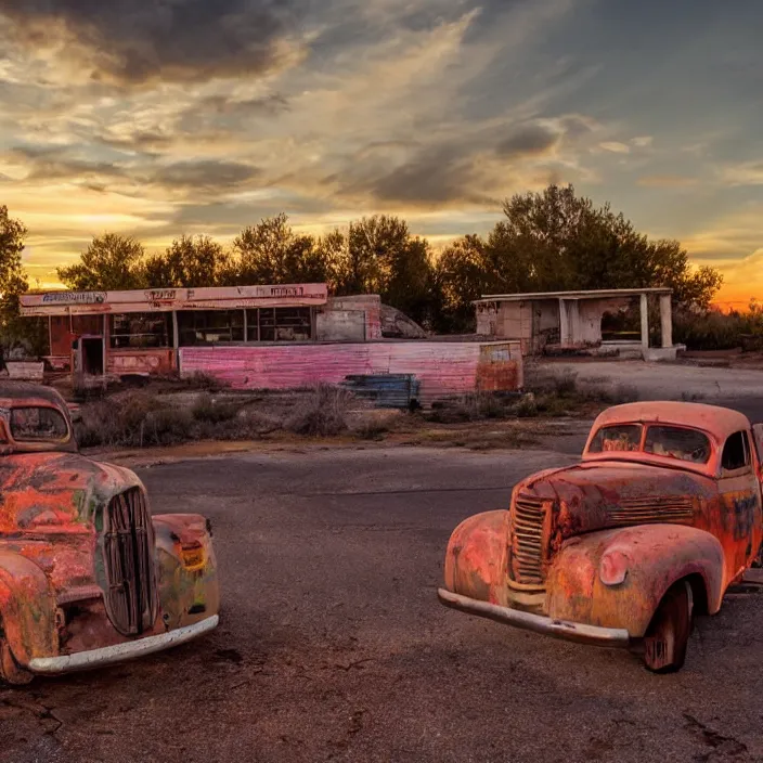 Image similar to a sunset light landscape with historical route 6 6, lots of sparkling details and sun ray ’ s, blinding backlight, smoke, volumetric lighting, colorful, octane, 3 5 mm, abandoned gas station, old rusty pickup - truck, beautiful epic colored reflections, very colorful heavenly, softlight