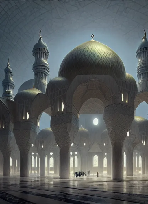 Image similar to epic futuristic mosque. highly detailed, digital painting, concept art, smooth, sharp focus, illustration, art by greg rutkowski