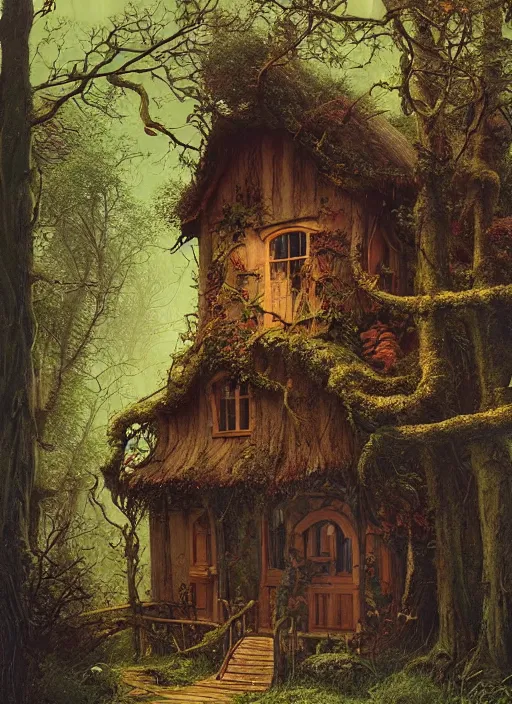 Image similar to hyper realistic witch cottage rococo in the woods gorgeous lighting, highly detailed, lush forest painting by zdzisław beksinski and norman rockwell and greg rutkowskiweta studio, and lucasfilm