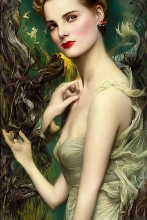 Image similar to a young, sobbing, and extremely beautiful grace kelly infected by night by tom bagshaw in the style of a modern gaston bussiere, art nouveau, art deco, surrealism. extremely lush detail. melancholic scene infected by night. perfect composition and lighting. sharp focus. profoundly surreal. high - contrast lush surrealistic photorealism. sobbing, anguish.