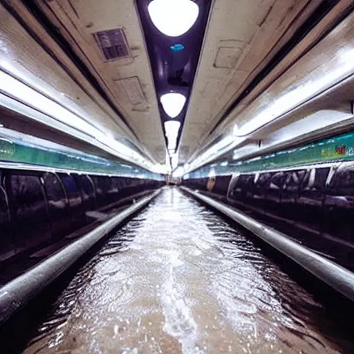 Image similar to flooded subway car, surreal,