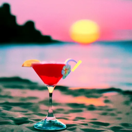 Prompt: hello kitty drinking a margarita on the beach, film still, sunset, dramatic lighting