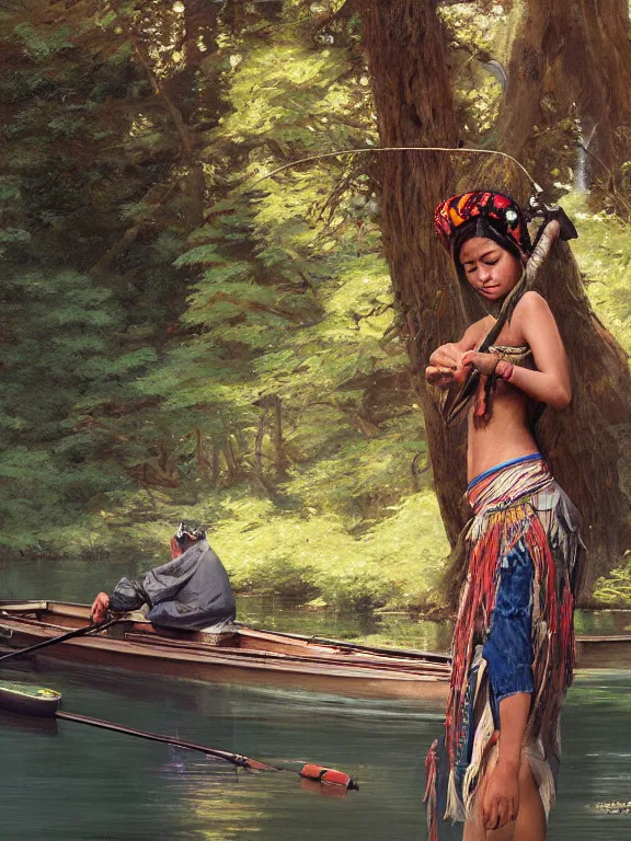 Image similar to an ultradetailed beautiful portrait painting of an female tribe native fishing in a redwood forest lake, side view, oil painting, high resolution, by ilya kuvshinov, greg rutkowski and makoto shinkai