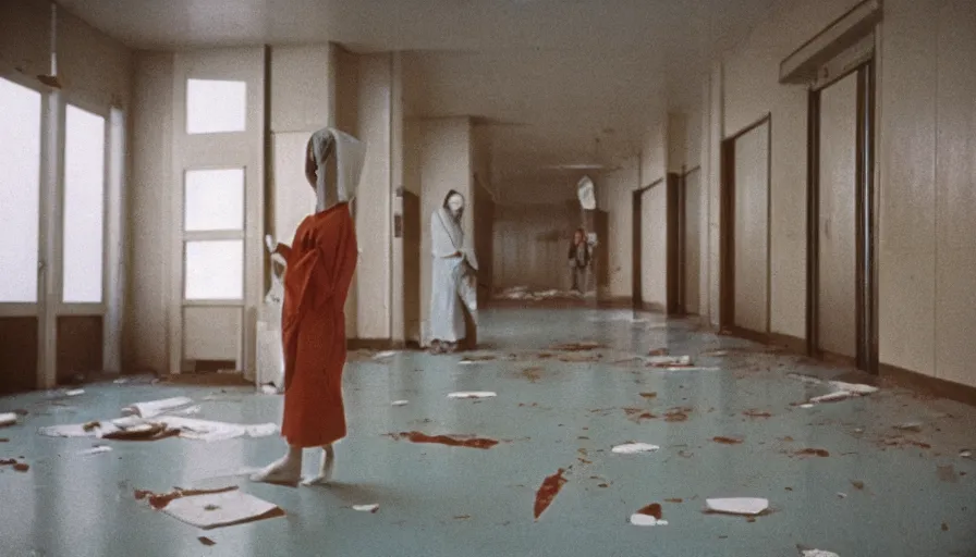 Image similar to 60s movie still of white japanese female phantoms bloody in an empty soviet stalinist style hospital with yellow tiles floor with light blue beds, cinestill 800t 35mm technicolor, heavy grain, high quality, higly detailed, liminal space