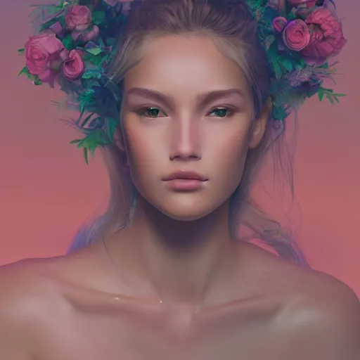 Image similar to high detail portrait of a beautiful woman with her hair down and surrounded by soft florals, vaporwave lighting, dewy skin, concept art, beautiful