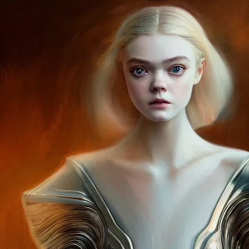 Prompt: a professional painting of Elle Fanning, clothed in ethereal armor, porcelain white skin, long blonde hair, beautiful bone structure, symmetrical facial features, intricate, elegant, digital painting, concept art, smooth, sharp focus, illustration, from Blade Runner 2049, by Ruan Jia and Mandy Jurgens and Artgerm and William-Adolphe Bouguerea