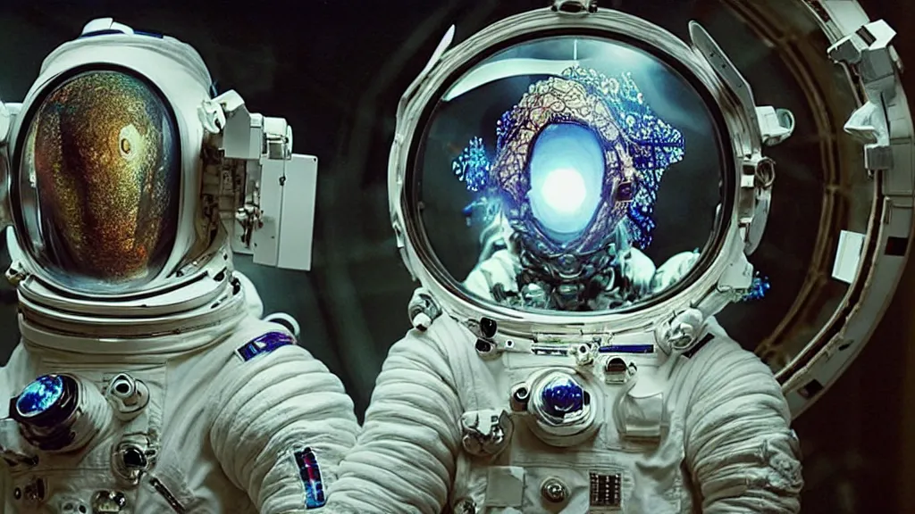 Image similar to a cybernetic symbiosis of a single astronaut eva suit with diamond 3d fractal lace iridescent bubble 3d skin covered with insectoid compound eye camera lenses floats through the living room, film still from the movie directed by Denis Villeneuve with art direction by Salvador Dalí, wide lens,