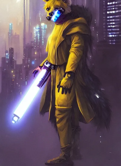 Image similar to beautiful portrait commission of a male furry anthro hyena fursona wearing cyberpunk jedi robes and wielding a yellow lightsaber in his left hand. Cyberpunk city at night in the rain. character design by charlie bowater, ross tran, artgerm, and makoto shinkai, detailed, inked, western comic book art