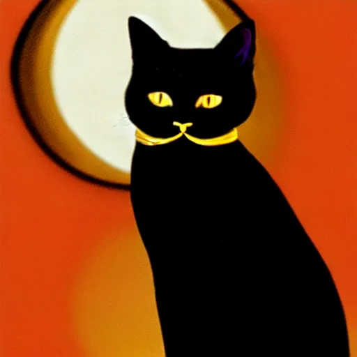 Image similar to a female black cat with red eyes and a gold crescent moon in her forehead