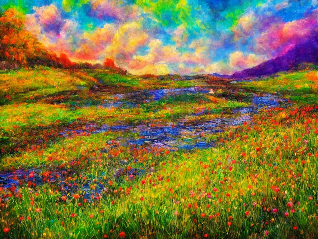 Image similar to an impressionist painting of a gorgeous meadow filled with colorful mushrooms with a stream flowing through it, psychedelic colors, colorful sky in background, trending on artstation