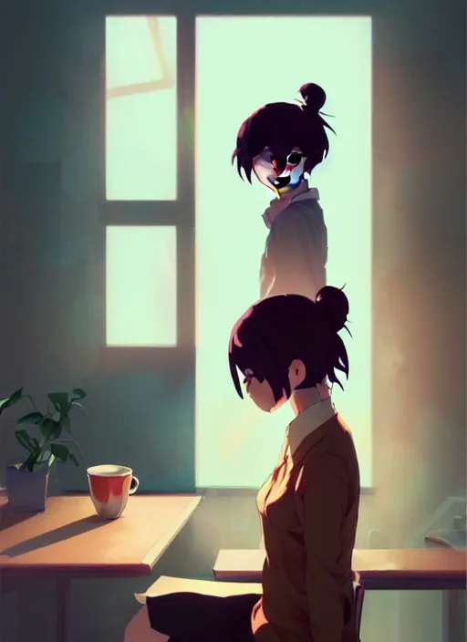 Image similar to girl with a cup of coffee in the office, illustration concept art anime key visual trending pixiv fanbox by wlop and greg rutkowski and makoto shinkai and studio ghibli