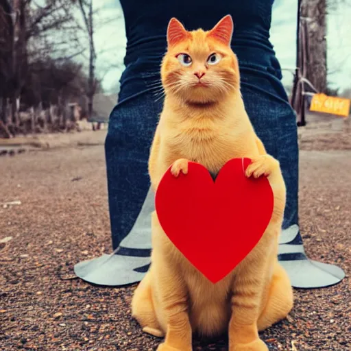 Image similar to cute orange tabby cat holding a sign with a red heart symbol