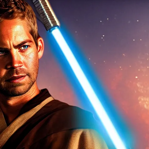 Image similar to Paul Walker as a jedi in star wars, holding a lightsabre. splash art, cinematic lighting, dramatic, octane render, long lens, shallow depth of field, bokeh, anamorphic lens flare, 8k, hyper detailed, 35mm film grain