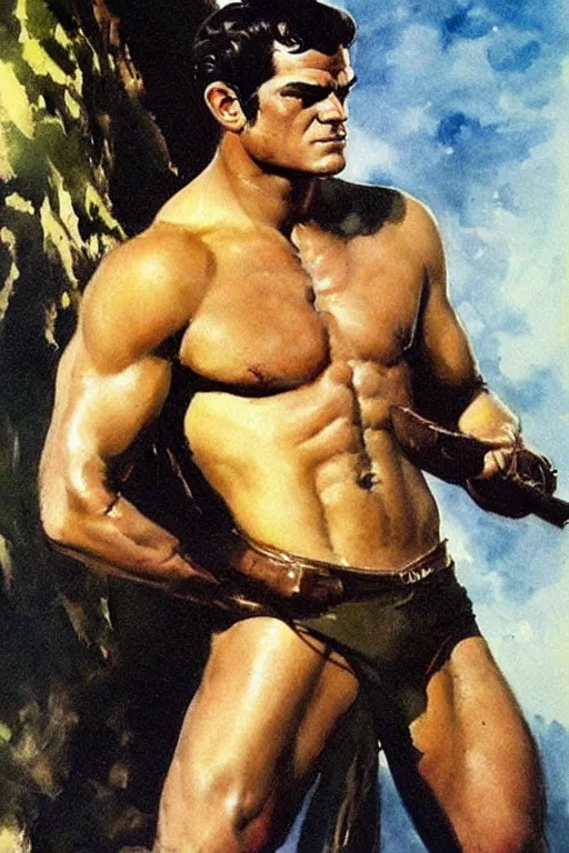 Prompt: herry cavill, attractive male, painting by frank frazetta