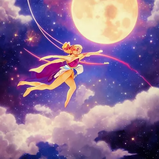 Image similar to Sailor Moon jumping across the sky with Moon and planets in background, nature unity, planets align, high detail, upscale, art by artgerm and greg rutkowski and alphonse mucha