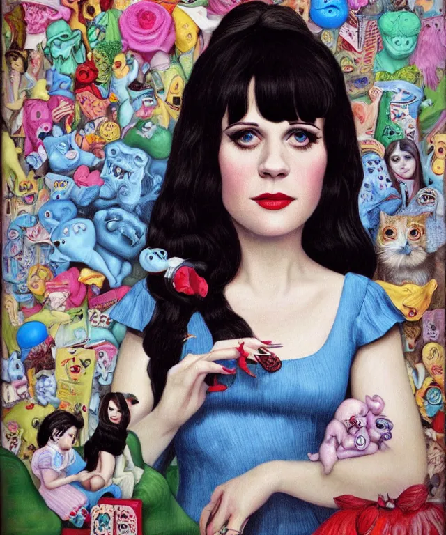 Prompt: portrait of Zooey Deschanel in wonderland, lowbrow painting by Mark Ryden