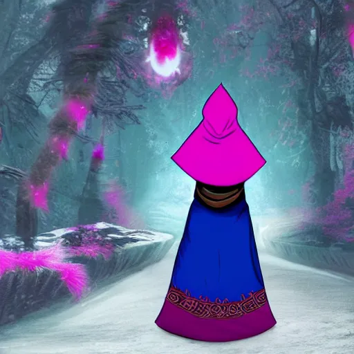 Image similar to a female wizard with fuchsia hair wearing a brown cloak and a fuschia bandana scarf, photorealistic