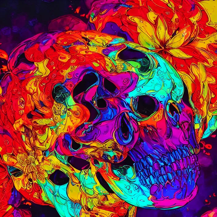 Image similar to illustration of a colorful melting human skull. flowers and blossoms, ferrofluids, burning water distortions. intricate abstract. intricate artwork. by Tooth Wu, wlop, beeple, dan mumford. octane render, trending on artstation, greg rutkowski very coherent symmetrical artwork. cinematic, hyper realism, high detail, octane render, 8k, depth of field, bokeh. iridescent accents