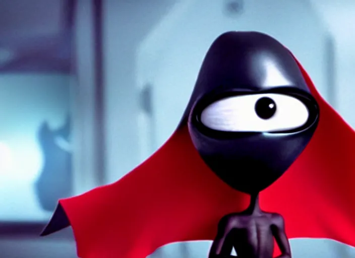 Prompt: film still of real life nibbler, a small black alien with a single antenna on his head, large eyes and 2 fangs wearing a diaper and red cape in the new scifi movie, 4 k