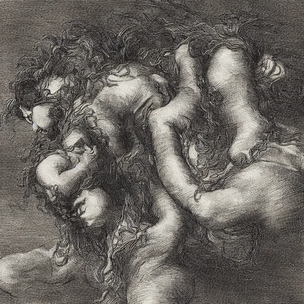 Image similar to close up of a woman cyring and rage, gustav dore