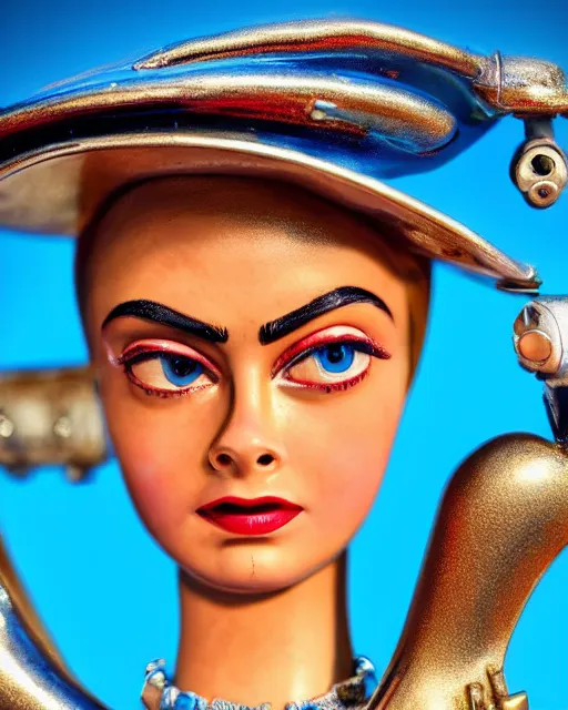 Image similar to highly detailed closeup, face profile portrait of a tin toy retro 1 9 5 0 s cara delevingne, bikini, depth of field, zeiss lens, fashion photoshoot by max fleischer, breathtaking, detailed and intricate environment, 8 k resolution, extremely detailed, beautiful, establishing shot, artistic, hyperrealistic, octane render