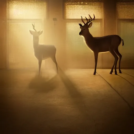 Prompt: a weak shadow of a tiny deer standing majestic outside a mega large industrial room with small windows, golden light, thick mist, backlit, insane details, hyperrealistic photo by jimmy nelson, trending on artstation