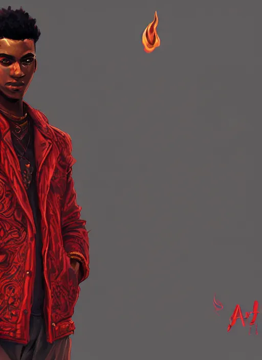 Image similar to a highly detailed illustration of attractive young african guy with flat top hair wearing red jacket, dramatic standing holding fire in hand pose, intricate, elegant, highly detailed, centered, digital painting, artstation, concept art, smooth, sharp focus, league of legends concept art, wlop