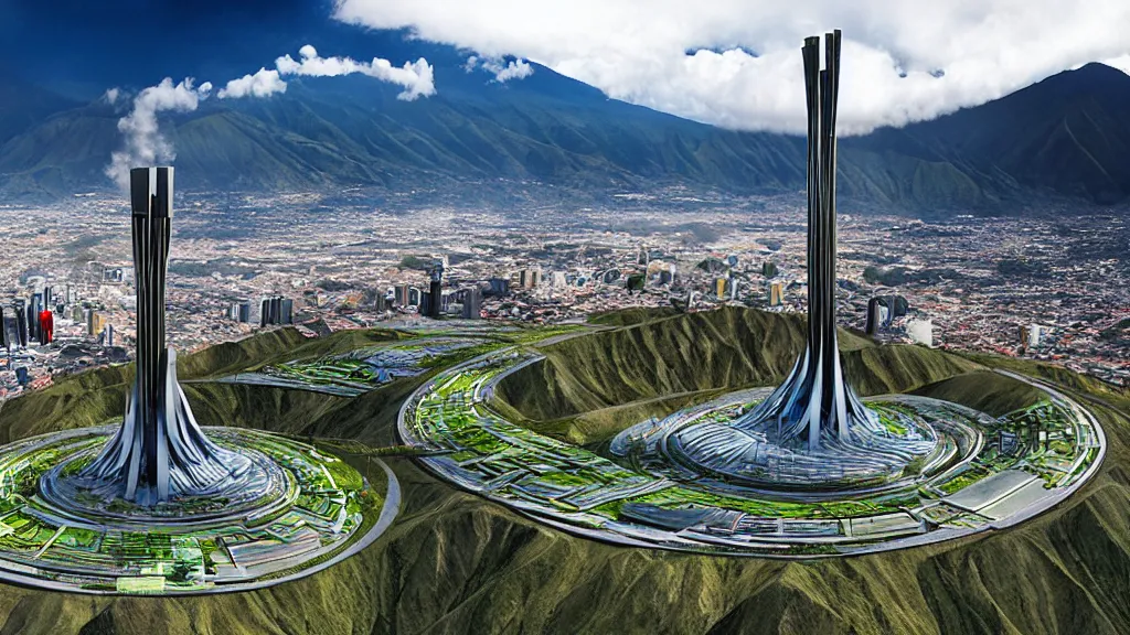 Image similar to Epic Giant Nuclear power Shines gracefully over the techno, city, nature hybrid mountain valley of Quito, Ecuador; by Oswaldo Moncayo and Vincent Callebaut; Art Direction by James Cameron;