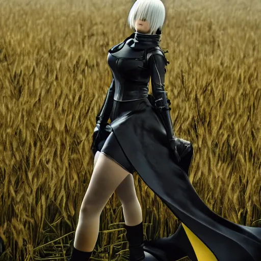 Prompt: a high resolution very detailed image of yorha android with stinger missile in nier : automata, in yellow rye field under blue sky