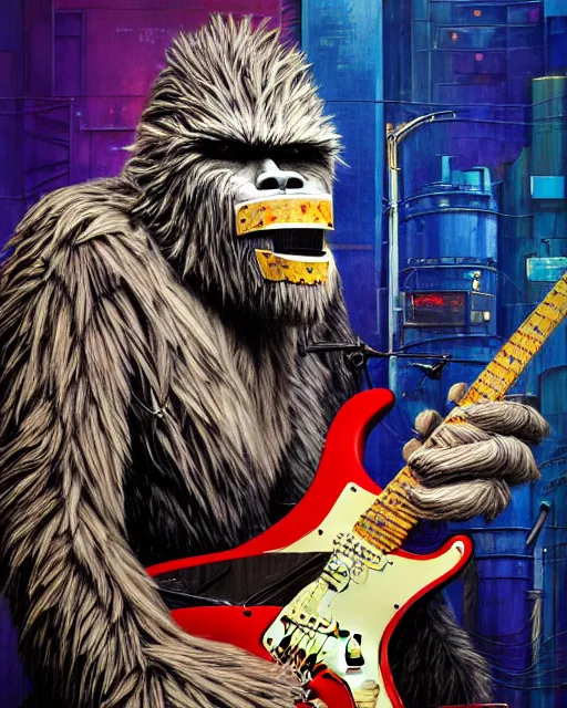 Prompt: a portrait of an anthropomorphic cyberpunk bigfoot, shredding an electric guitar by sandra chevrier, by jon foster, detailed render, epic composition, cybernetics, 4 k realistic, fender stratocaster, cryengine, realistic shaded lighting, sharp focus, masterpiece, by enki bilal