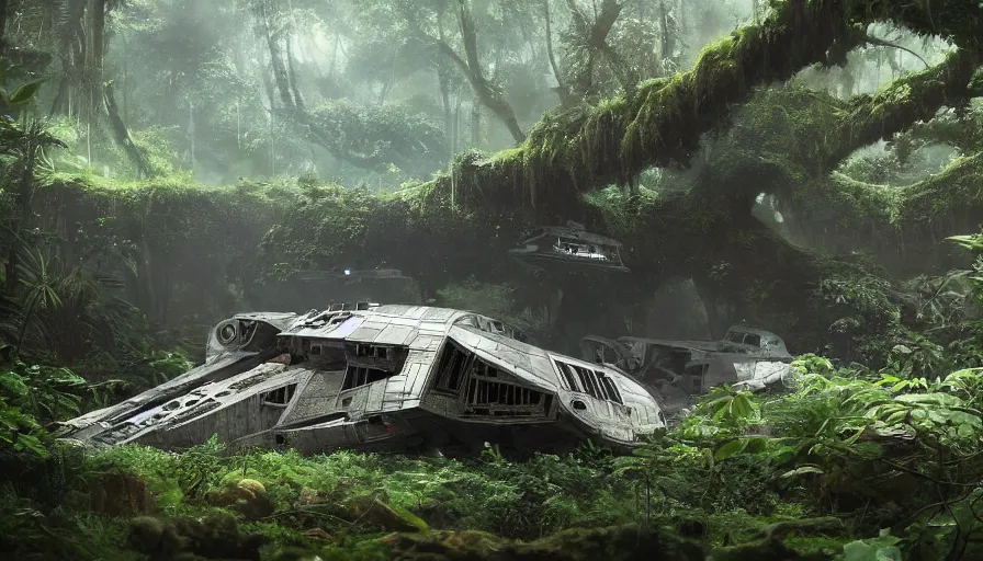 Prompt: a beautiful painting of a crashed millennium falcon in a lush jungle, ray traced lighting by george lucas and greg rutkowski