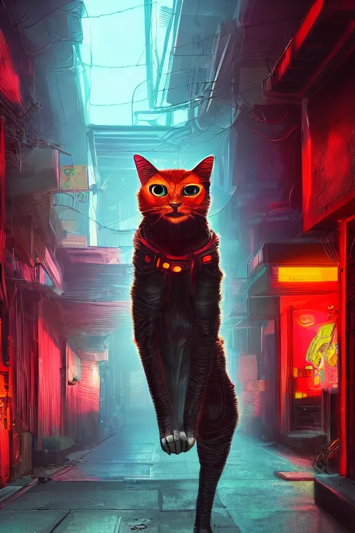 Image similar to cyberpunk ginger cat in the alley, neon lighting, rendered in unreal engine, trending on artstation