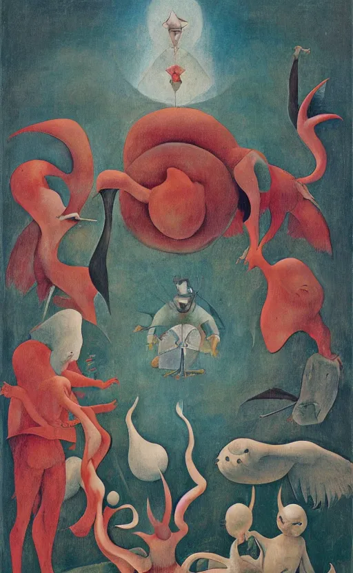 Prompt: an entirely new non-existing Pokemon, tarot card, beautiful frames, Leonora Carrington moebius Hieronymus Bosch Max Ernst dali Zdzisaw Beksiñski Roland Topor Henryk Plociennik