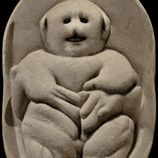 Image similar to an elvin stone engraving of a baby harp seal demigod, museum photo