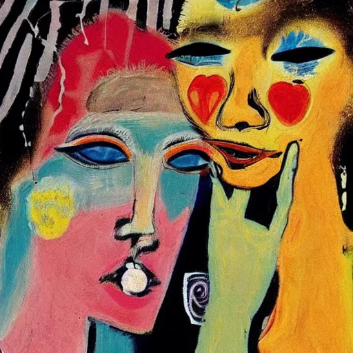 Image similar to beautiful painting of two bizarre psychedelic women kissing each other closeup in a cafe in japan, speculative evolution, mixed media collage by basquiat and jackson pollock, magazine collage art, sapphic art, lesbian art