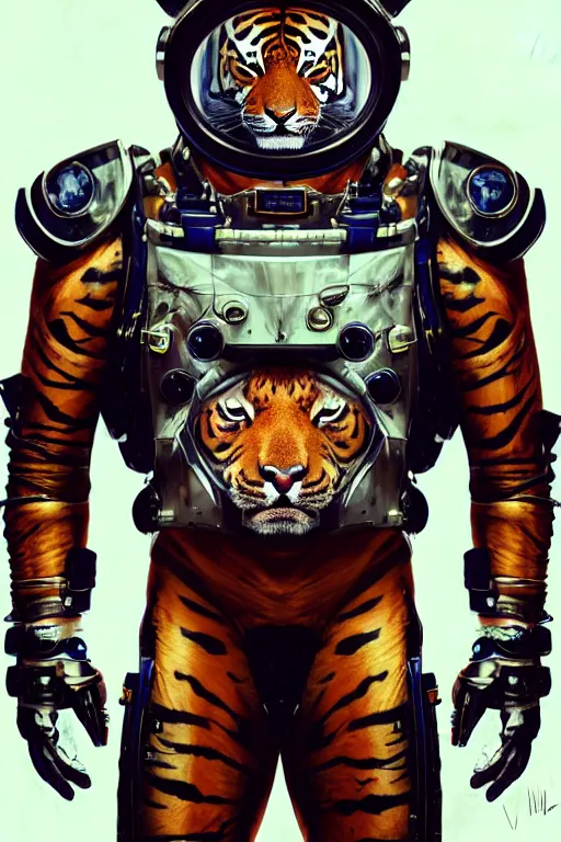 Prompt: a portrait of a muscular anthropomorphic cyberpunk tiger in spacesuit armor with ensignia on chest plate by sandra chevrier, by jon foster, detailed render, post - processing, extremely hyperdetailed, intricate, epic composition, cybernetics, 4 k realistic, cryengine, realistic shaded lighting, sharp focus, masterpiece, by enki bilal