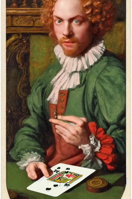 Prompt: intricate beautiful wide - shot, the handsome man, blonde reddish hair, in green and pink clothes of 1 7 th century, holds playing cards, in card's player by sezanne, matte painting, renaissance painting, by paul sezanne by leyendecker, by artgerm, rutkowskyi