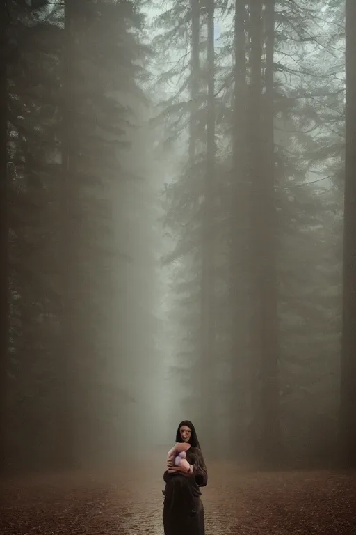 Image similar to a cinematic photo of a young woman with dark hair holds a baby in a dark, foggy forest, masterpiece