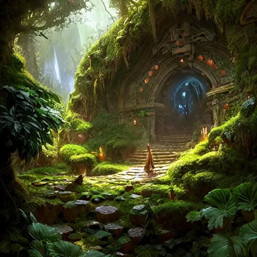Image similar to worm's eye view of a elven headquarters carved inside a mountain above a lush garden, neatly trimmed vegetation, magical, natural light, fantasy, sharp focus, concept art, by greg rutkowski and craig mullins, cozy atmospheric