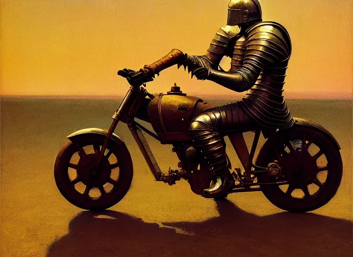 Prompt: knight in armor sitting on a motorcycle, rome, highly detailed, soft lighting, elegant, works by edward hopper and james gillard, zdislaw beksinski, stephen outram, andreas m wiese, highly detailed