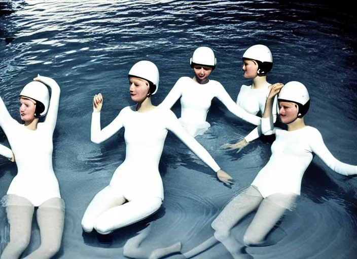 Image similar to realistic photo of a group of common girls in white tights, wearing white spherical helmets, in a big white plastic sci - fi egg - like pool with black water, in a center of the pool with black oil water, the sky is grey 2 0 0 0, life magazine photo,