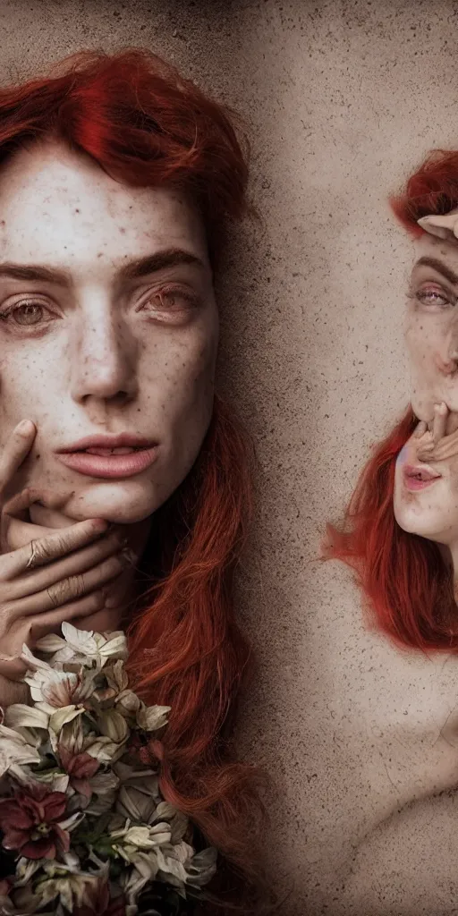 Image similar to dream symmetrical portrait of a woman , close-up, high sharpness, zeiss lens, fashion photo shoot, flowers, red hair, freckles, Annie Leibovitz and Steve McCurry, David Lazar, Jimmy Nelsson, artistic, hyper-realistic, beautiful face, octane rendering