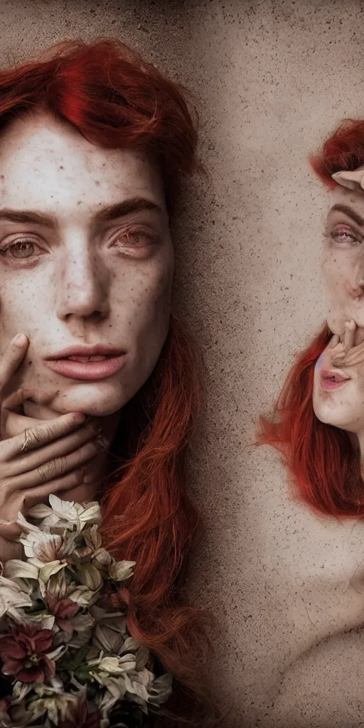 Prompt: dream symmetrical portrait of a woman , close-up, high sharpness, zeiss lens, fashion photo shoot, flowers, red hair, freckles, Annie Leibovitz and Steve McCurry, David Lazar, Jimmy Nelsson, artistic, hyper-realistic, beautiful face, octane rendering