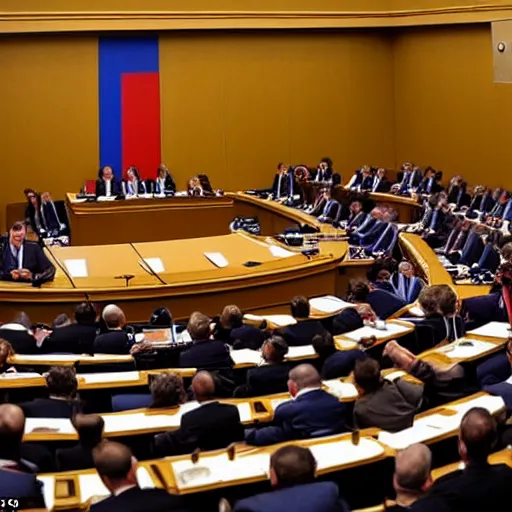 Prompt: Russian Duma in session but everyone is a different type of clown