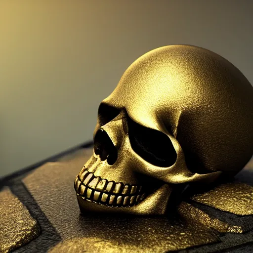 Prompt: medium shot of a skull made of solid gold sits on an abandoned gravestone, beautiful detailed intricate insanely detailed octane render, 8k artistic photography, photorealistic, unreal engine - n 9