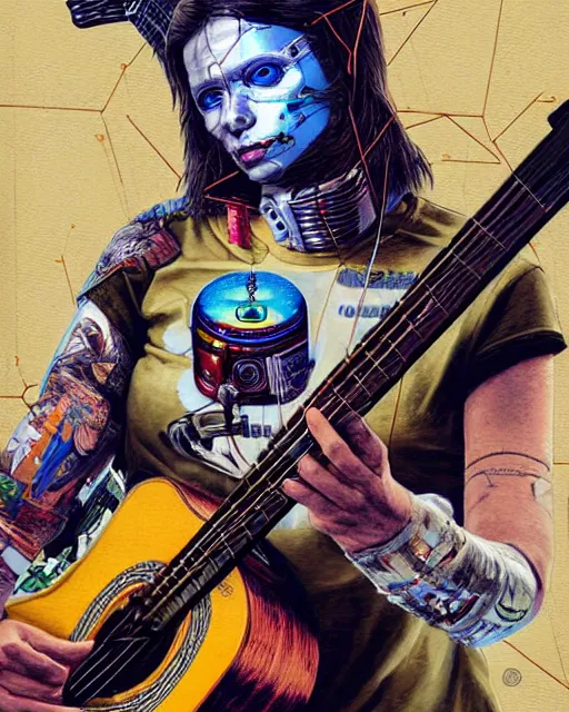 Image similar to a portrait of an anthropomorphic cyberpunk eagle strumming an acoustic guitar by sandra chevrier, by jon foster, detailed render, tape deck, epic composition, cybernetics, 4 k realistic, cryengine, realistic shaded lighting, sharp focus, masterpiece, by enki bilal