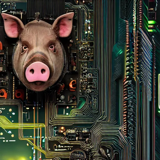 Image similar to a portrait photograph of a big aggressive male cyberpunk pig, circuit boards, motherboard, mainboard, wires, cable management, electrical wires, activity lights, cyberpunk, artstation, detail, hyperrealistic, digital photograph, natural light canon eos c 3 0 0, ƒ 1. 8, 3 5 mm, 8 k