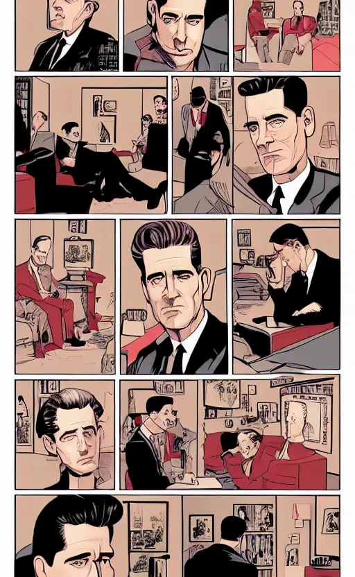 Prompt: Surreal Twin Peaks comic page of Dale Cooper in the Red Room by Tomer Hanuka